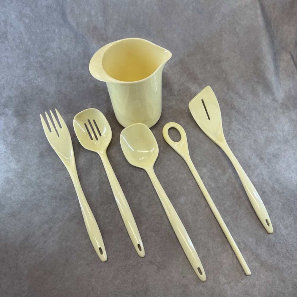 Vintage Kitchen Utensil Set with Crock Yellow 6pc Made in Hong Kong MCM Retro